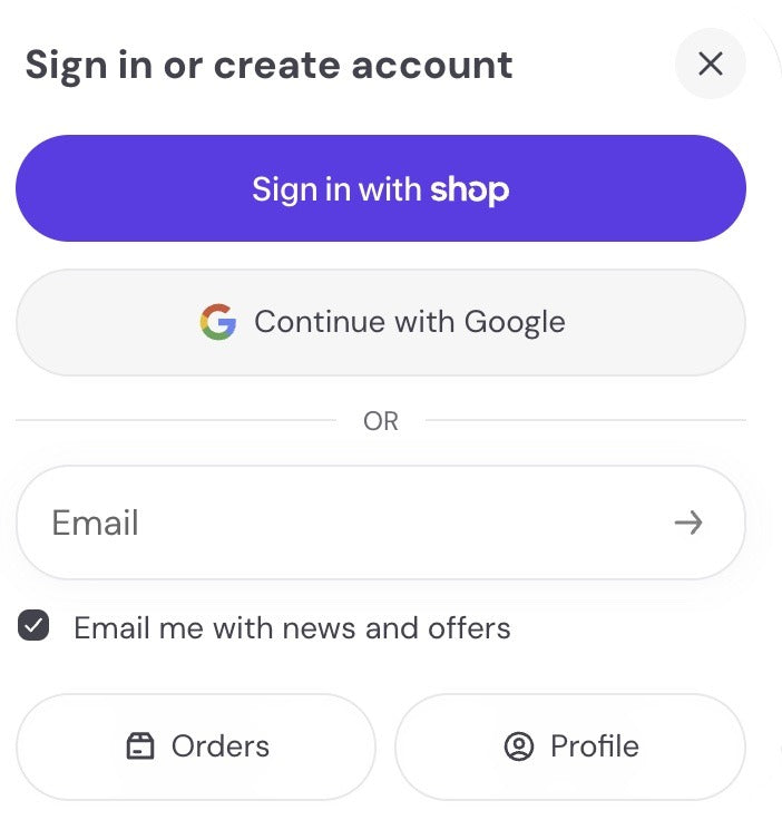 Connexion au compte client avec Shop, Google ou une adresse e-mail.