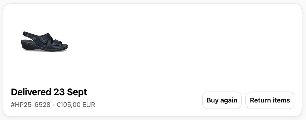 Commande livrée : le bouton Return items est mis en évidence en bas à droite.