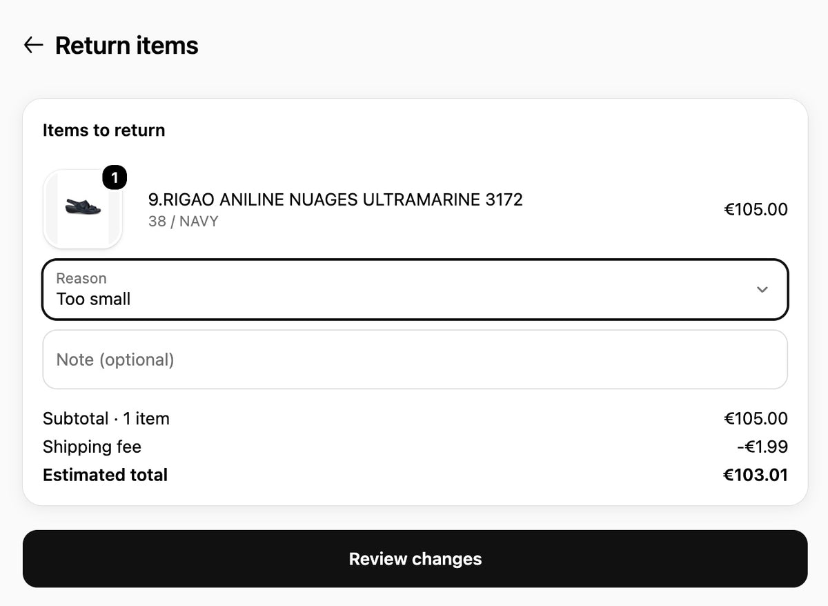 Formulaire de retour : liste Reason, note facultative et bouton Review changes.